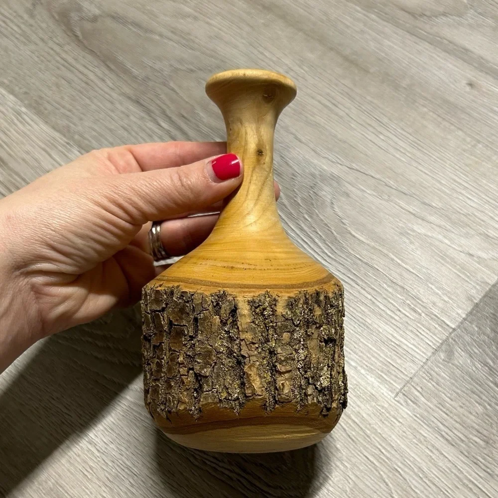 Hand Made Rustic Turned Wood Vase with Natural Bark 7